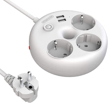 Carica l&#39;immagine nel visualizzatore di Gallery, Presa multipla da muro, Sovratensione Ciabatta NTONPOWER Bagel Multipresa 3 shuko prese con 2 USB per cavo 1,5 metri con interruttore e indicatore e per Soggiorno, Ufficio, Viaggio – Bianco