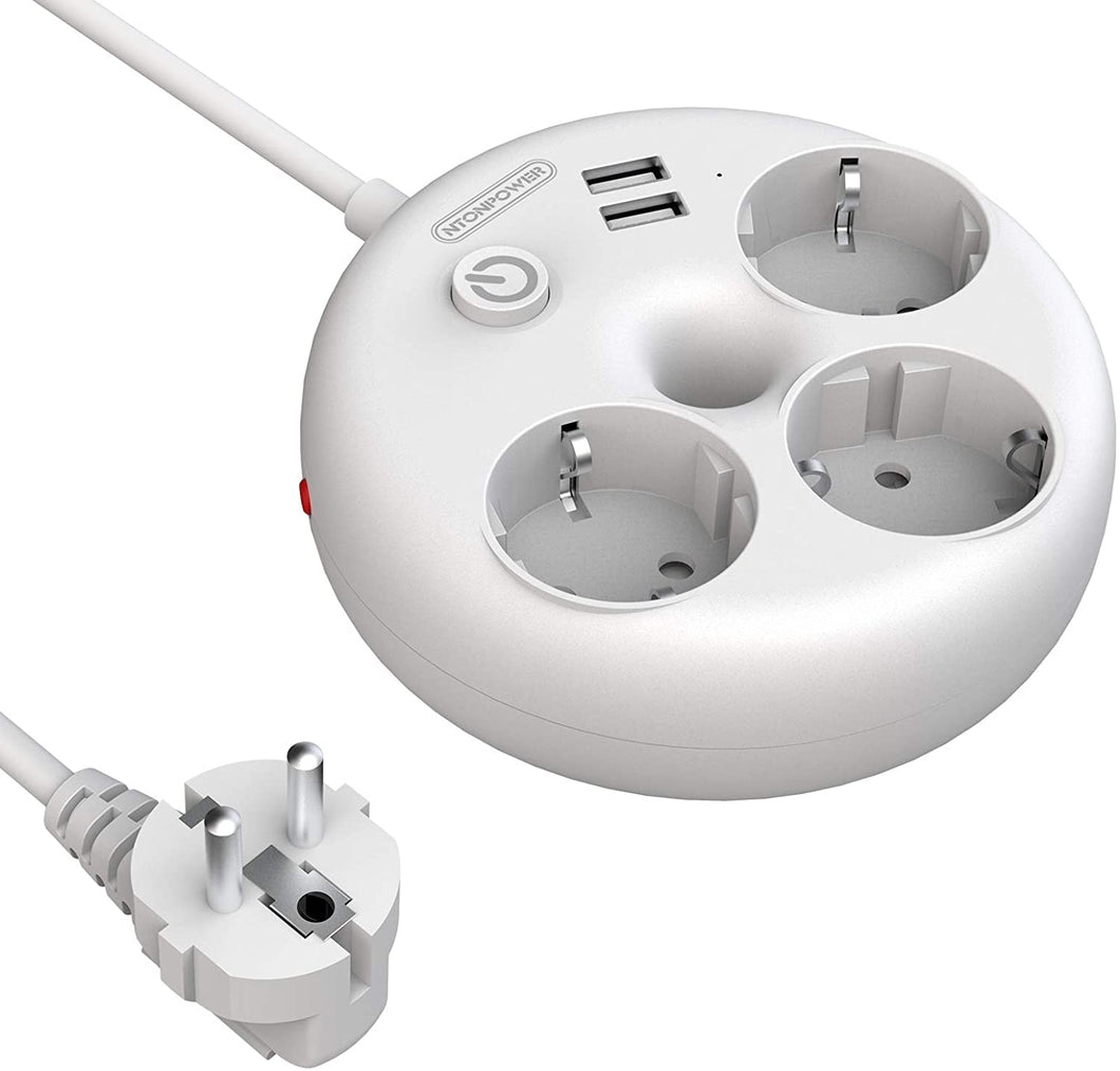Presa multipla da muro, Sovratensione Ciabatta NTONPOWER Bagel Multipresa 3 shuko prese con 2 USB per cavo 1,5 metri con interruttore e indicatore e per Soggiorno, Ufficio, Viaggio – Bianco