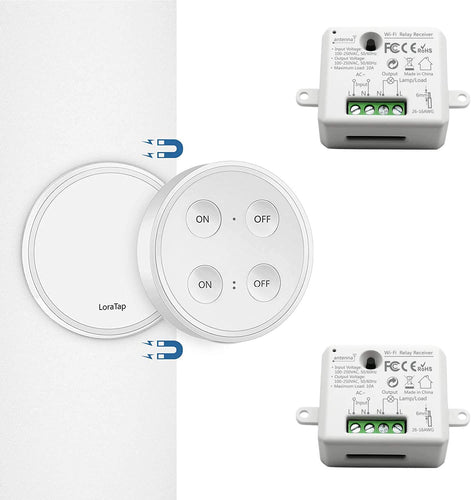 Paio Interruttore per Luce Senza Fili, LoraTap Interruttore Remoto con Base Magnetica + 2 Ricevitore a Relè, Telecomando 200m 230V, On/Off Switch Wireless per Lampade e Apparecchi Elettrici