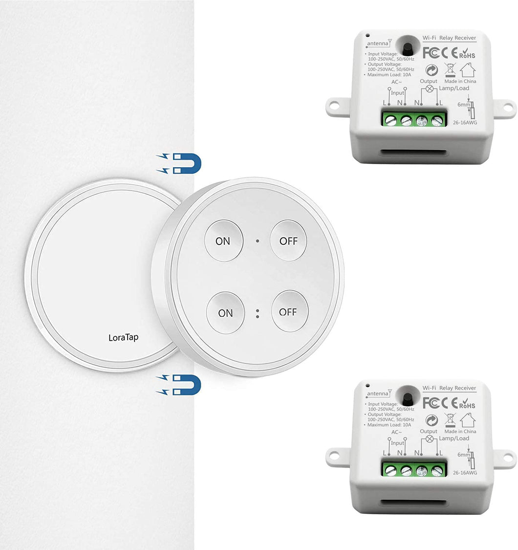 Paio Interruttore per Luce Senza Fili, LoraTap Interruttore Remoto con Base Magnetica + 2 Ricevitore a Relè, Telecomando 200m 230V, On/Off Switch Wireless per Lampade e Apparecchi Elettrici