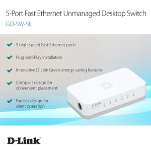 D-Link GO-SW-5E Switch Desktop, 5 Porte RJ45 Fast Ethernet 5 Porte, Bianco - Ilgrandebazar