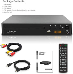 LONPOO Lettore DVD Compatto 1~6 Regione Libera (Porto HDMI, USB, RCA, MIC, LED Display con Telecomando, cavo HDMI& AV incluso) - Nero