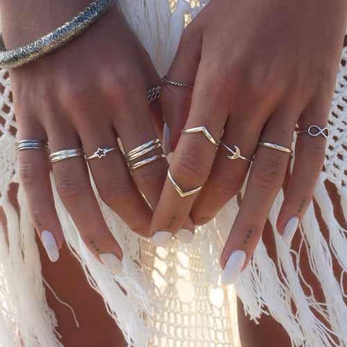 Simsly - Anelli vintage a forma di stella e luna, in argento, per donne e ragazze (set da 12 pezzi)