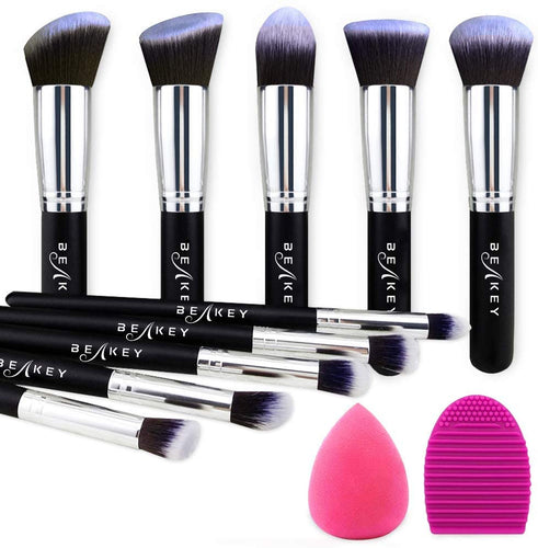 BEAKEY set di pennelli trucco Premium synthetic Kabuki fondazione cipria fard, ombretto, pennelli per trucco, kit con spugnetta e Brush Egg (10 + 2 pezzi, nero/argento)