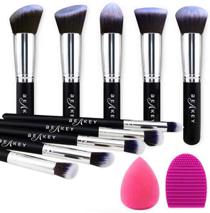 BEAKEY set di pennelli trucco Premium synthetic Kabuki fondazione cipria fard, ombretto, pennelli per trucco, kit con spugnetta e Brush Egg (10 + 2 pezzi, nero/argento)