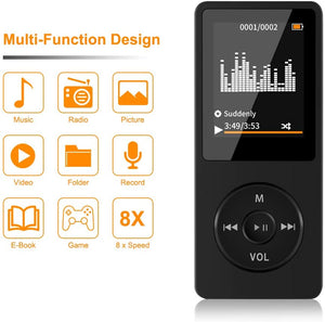 Wodgreat Lettore MP3, MP3 Player Multifunzione Bambini Lettore Musicale Portatile con Scheda SD da 32 GB, Mini Lettore MP4 con Radio Video E-Book, HiFi Sound Schermo LCD da 1,8 pollici (nero) 32GB