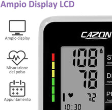 Carica l'immagine nel visualizzatore di Gallery, Cazon Misuratore di pressione sanguigna, misuratore di pressione sanguigna digitale automatica per uso domestico, misuratore di frequenza cardiaca con bracciale, 2 × 120 set di memoria (Black)