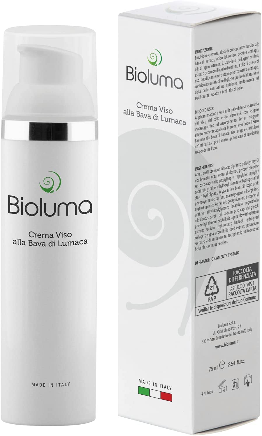 Bioluma Bava di Lumaca Crema Viso 75ml Idratante Nutriente Antiage con Acido Ialuronico Collagene Vitamine Pelle Secca Grassa Normale Mista Coadiuvante Trattamento Antirughe Uomo Donna Made in Italy