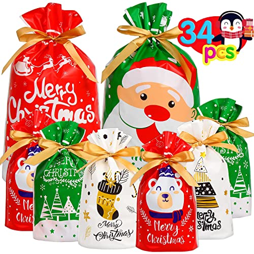 DERAYEE Sacchetti Regalo Natale,34 pezzi Busta Regalo Natalizi con Coulisse,Borsa di Regalo Varie Misure per Feste di Natale(6 stili)