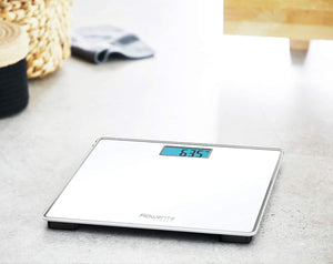 Rowenta BS1501 Classic, bilancia pesapersone elettronica, 31x31 cm, fino a 160 Kg con graduazione di precisione ogni 100g, spessore di 22 mm, batterie incluse, vetro temperato, bianco