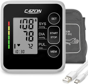Cazon Misuratore di pressione sanguigna, misuratore di pressione sanguigna digitale automatica per uso domestico, misuratore di frequenza cardiaca con bracciale, 2 × 120 set di memoria (Black)