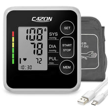 Carica l'immagine nel visualizzatore di Gallery, Cazon Misuratore di pressione sanguigna, misuratore di pressione sanguigna digitale automatica per uso domestico, misuratore di frequenza cardiaca con bracciale, 2 × 120 set di memoria (Black)