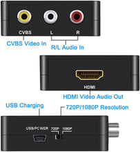 Carica l'immagine nel visualizzatore di Gallery, AMANKA Mini AV a HDMI Convertitore Adattatore,1080P Composito RCA CVBS a HDMI Convertitore con Cavo USB per TV PC PS3 Blue-Ray DVD XBOX SKY HD VHS VCR,Nero