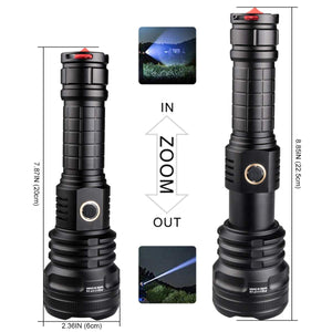 Torcia LED XHP90 Ricaricabili USB Alta Potente, 10000 Lumens Militare Torcia Elettrica Ultra Luminosa Impermeabile, Regolabile Focus e 5 Modalità di Illuminazione