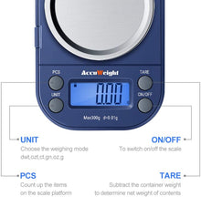 Carica l&#39;immagine nel visualizzatore di Gallery, ACCUWEIGHT 255 Mini Bilancia di Precisione Digitale per Cucina Gioielli Oro Bilancia Tascabile Elettronica 300g/0,01g con Tara e Calibrazione Alimenti Pesa Bilance