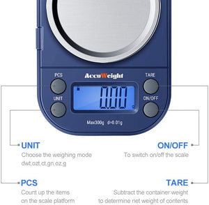 ACCUWEIGHT 255 Mini Bilancia di Precisione Digitale per Cucina Gioielli Oro Bilancia Tascabile Elettronica 300g/0,01g con Tara e Calibrazione Alimenti Pesa Bilance