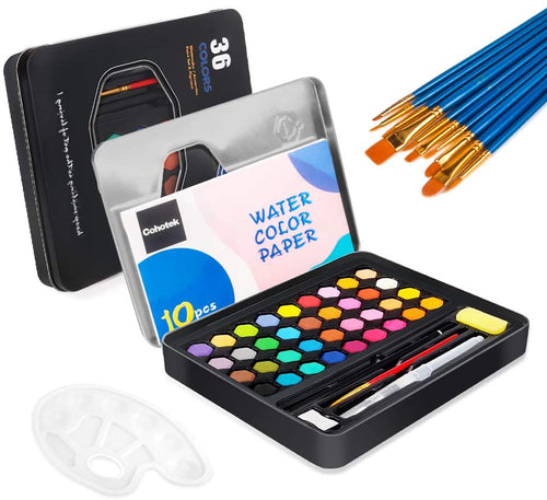 Cohotek Acquerelli Set Pittura ad Acquerello Solida, Set di 36 Colori Acquerello Portatile con 10 Set di Accessori(Pennelli Set, Temperamatite, Pennello Acqua etc)-Ideali per Artisti, Adulti e Bambini