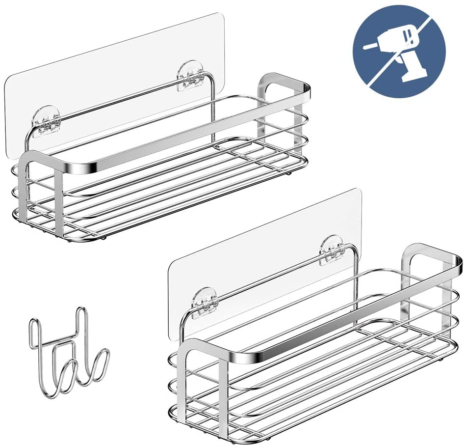 Avoalre Adesiva Mensola per Doccia Bagno con Ganci Rimovibile Nessuna Perforazione Acciaio Inossidabile 304 per la Cucina WC, – 2 Pezzi, Colore Argento