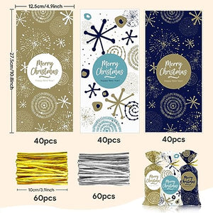 Sacchetti Biscotti Natale 120pcs, Buste Alimentari per Biscotti Natalizi, Plastica Sacchetto Regalo Sacchettini Natalizio con Cravatte, Bustine Alimenti Cellophane Piccole per Regali Caramelle Dolci