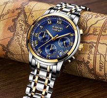 Carica l&#39;immagine nel visualizzatore di Gallery, LIGE Orologi Uomo Sportivo Cronografo Impermeabile Analogico al Blue Gold - Ilgrandebazar