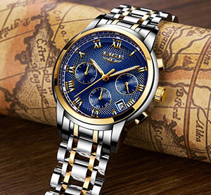 LIGE Orologi Uomo Sportivo Cronografo Impermeabile Analogico al Blue Gold - Ilgrandebazar