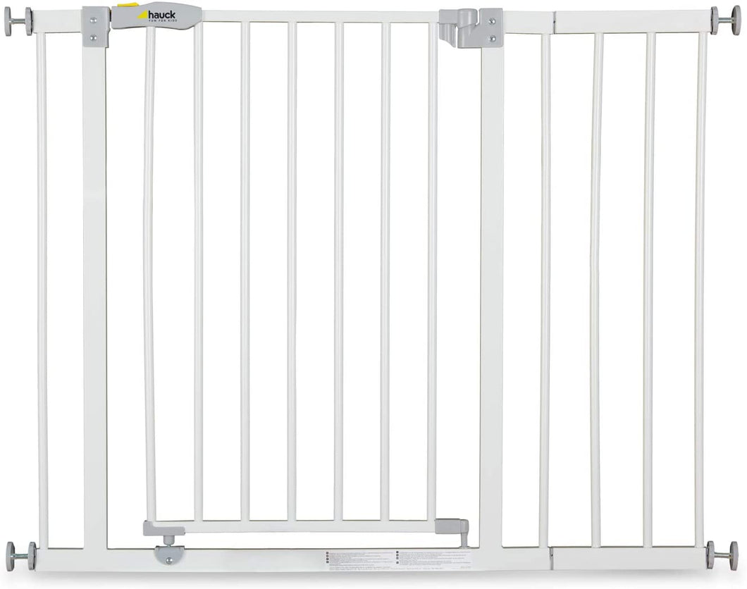 Hauck Open'n Stop Cancelletto di Sicurezza 96 - 101 cm, Estensione 21 cm a pressione, senza fori, Compatibile con Estensioni Separate e Adattatore Y, Metallo, Bianco, Per ringhiere rotonde