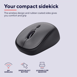 Trust Yvi+ Mouse Wireless Silenzioso con Design Sostenibile, 800-1600 DPI, per Mano Sinistra e Destra, Microricevitore USB, Mouse Senza Fili Compatto per PC, Computer, Laptop, Mac - Nero