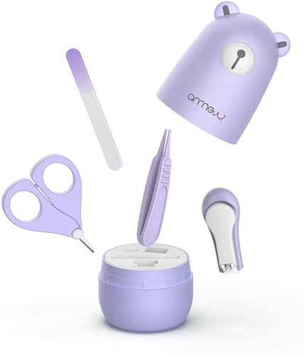 ARRNEW Set Manicure per bebe| Kit 4-in-1, con Tagliaunghie, Forbicine, Lima e Pinzetta | Sicuro, Facile da Usare|Ottima Idea Regalo per Nascita o Battesimo|forbici bambini unghie (viola)