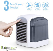 Carica l'immagine nel visualizzatore di Gallery, iLogoTech Aggiornato 3 in 1 Mini Condizionatore Portatile, Raffrescatore d'Aria Evaporativo, Aria Cooler, Umidificatore, Purificatore per Casa, Ufficio, Camera da Letto, All'aperto (3 velocità)