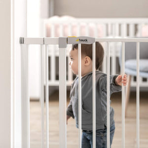 Hauck Open'n Stop Cancelletto di Sicurezza 96 - 101 cm, Estensione 21 cm a pressione, senza fori, Compatibile con Estensioni Separate e Adattatore Y, Metallo, Bianco, Per ringhiere rotonde