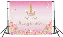 Carica l'immagine nel visualizzatore di Gallery, LUOEM Unicorno a tema Photo Background Unicorno Birthday Party Photo Background per bambini Baby Kids Girls Toddles Sfondo Baby Shower Festa di compleanno Fiori Sfondo pavimento 90x150cm