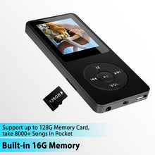 Carica l'immagine nel visualizzatore di Gallery, Wodgreat Lettore MP3 16GB Lettore Musicale Audio Digitale Portatile HiFi Lossless Sound 1,8 Pollici MP3 Running Sport con Radio FM/Altoparlante,Supporto espandibile fino a 128G
