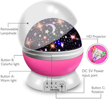Carica l'immagine nel visualizzatore di Gallery, Moredig - Lampada Proiettore Stelle Bambini, Luce Notturna Bambini con 8 Colori Luci &amp; 360° Rotazione, Luce Notte per Bambini, Neonati, Compleanno, Natale, Halloween, Vivai - Rosa A-rosa