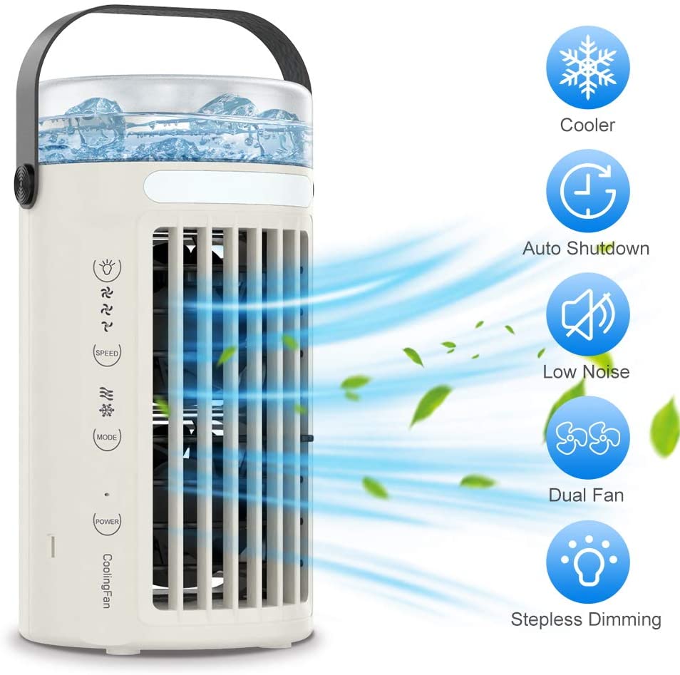 Mini Condizionatore Portatile, Personale Basso Rumore Climatizzatore 4-in-1 Aria Condizionata, Ventilatore da Scrivania, Purificatore Umidificatore, 3 velocità di ventilazione Condizionatore d'aria