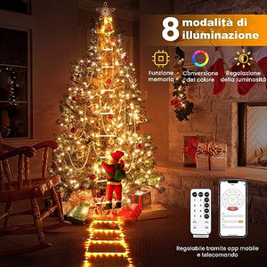 Scala LED Con Babbo Natale Luminoso da Esterno ed Interno, Decorazioni Natalizie Multifunzione 8 Modalità Controllo via App e Telecomando, Impermeabile IP44 Bianco Caldo e RGB