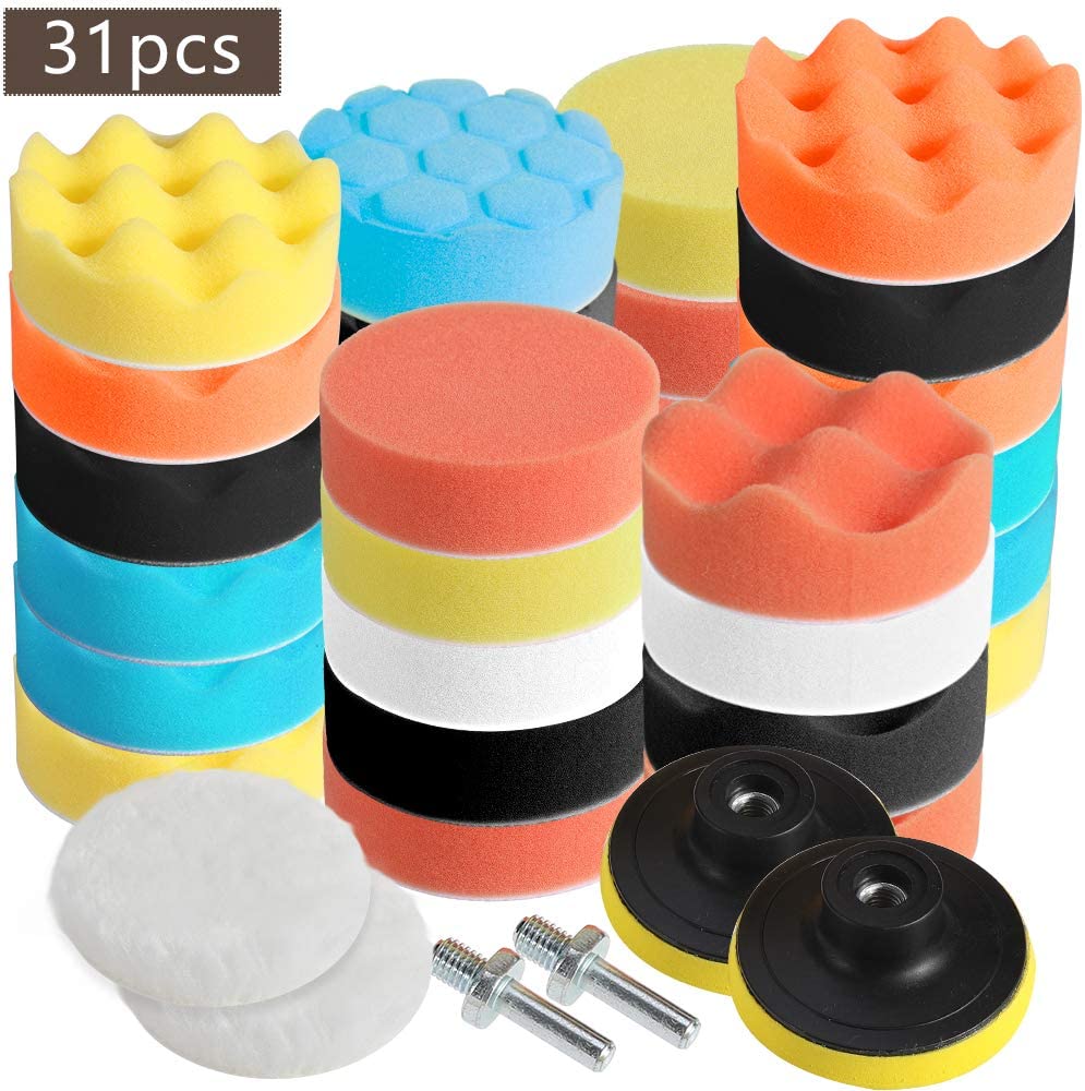 Faburo Tamponi per lucidatura kit lucidatura auto con adattatore per trapano M10, set di 31 pezzi lucidatura pad spugna, lucidatura lana tampone per lucidatrice e ceretta（31pz）