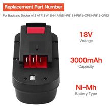 Carica l&#39;immagine nel visualizzatore di Gallery, A18 3.0Ah Ni-Mh Sostituzione batteria per Black &amp; Decker 18V A1718 - Ilgrandebazar
