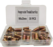 Carica l'immagine nel visualizzatore di Gallery, 30 Pezzi Dadi Inserti in Acciaio al Carbonio Zincato M6x20mm Dado Esagonale Filettatura Completa per Mobili in Legno