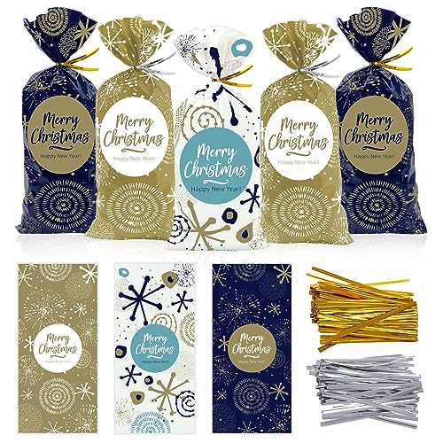 Sacchetti Biscotti Natale 120pcs, Buste Alimentari per Biscotti Natalizi, Plastica Sacchetto Regalo Sacchettini Natalizio con Cravatte, Bustine Alimenti Cellophane Piccole per Regali Caramelle Dolci