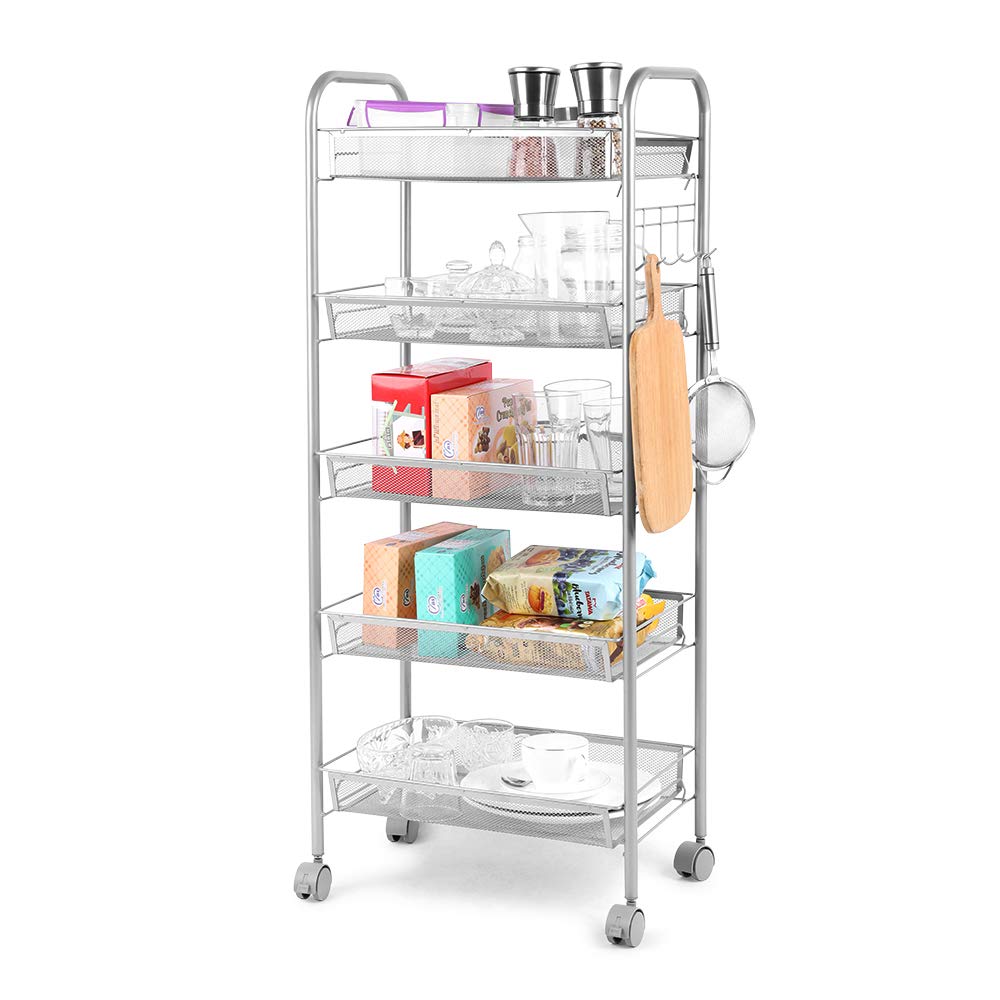 Carrello da Cucina 5 Ripiani in Acciaio con 4 Ruote e 5 Ganci, Argento - Ilgrandebazar