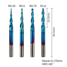 Carica l'immagine nel visualizzatore di Gallery, Genmitsu 4 fresa a punta conica a sfera a 2 taglienti in carburo di tungsteno solido con Nano Blue Coat, R0,25-1,0, gambo da 1/8", TB04-W01