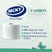 Carica l&#39;immagine nel visualizzatore di Gallery, Nicky Fashion - 4 Rotoli di Carta Igienica, 165 Soffici Fogli a 4 Veli, 3 Diverse Texture e Colori, Delicato Profumo di Talco, Carta 100% Certificata FSC®