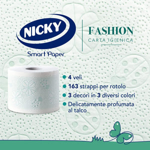 Nicky Fashion - 4 Rotoli di Carta Igienica, 165 Soffici Fogli a 4 Veli, 3 Diverse Texture e Colori, Delicato Profumo di Talco, Carta 100% Certificata FSC®