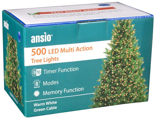 ANSIO Luci natalizie per interni e esterno 500 LED albero luci bianco caldo, 8 modalità con memoria e funzione timer, alimentate, trasformatore incluso 12,5 m Lunghezza illuminata- CAVO VERDE