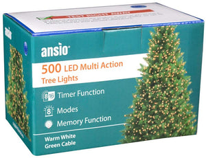 ANSIO Luci natalizie per interni e esterno 500 LED albero luci bianco caldo, 8 modalità con memoria e funzione timer, alimentate, trasformatore incluso 12,5 m Lunghezza illuminata- CAVO VERDE