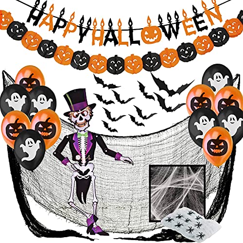 Jonami Decorazioni Halloween Casa XXL - Festone Happy Halloween, Festoni, Palloncini, Ragnatela, Pipistrelli 3D, Scheletro Articolato, Straccio Raccapricciante Nero Panno di Stoffa Spaventoso