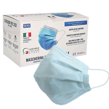 Carica l'immagine nel visualizzatore di Gallery, Mascherina Chirurgica 3 strati Certificata CE, Mascherina Tipo II R 100% Made in Italy, Confezione 50 pezzi azzurra