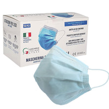 Carica l'immagine nel visualizzatore di Gallery, Mascherina Chirurgica 3 strati Certificata CE, Mascherina Tipo II R 100% Made in Italy, Confezione 50 pezzi azzurra