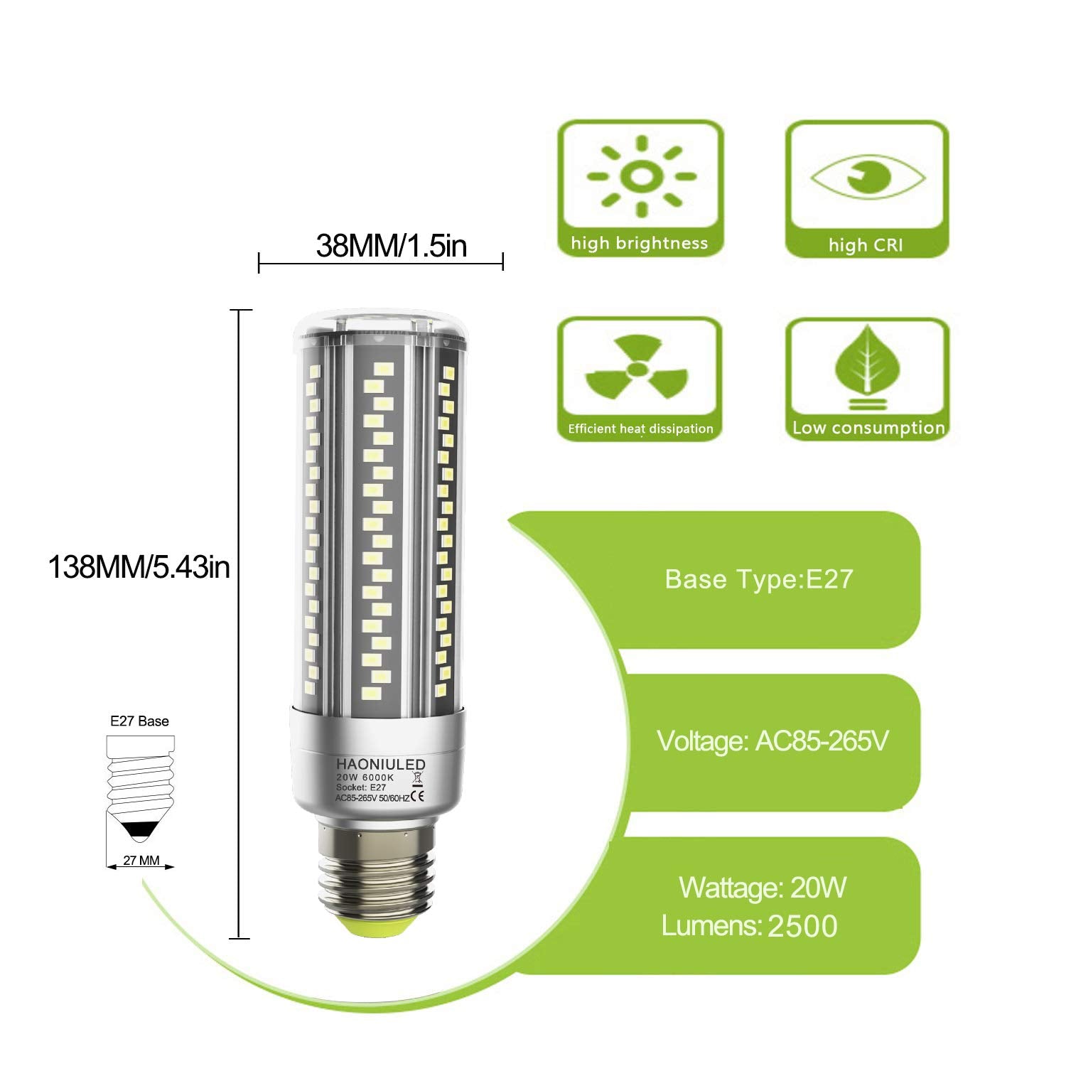 HAONIULED Lampadine LED E27 Luce Bianca Fredda 20W 2500LM 6000K Equivalenti  a 200W Incandescenza, Edison Screw E27 Led Lampada Lampadina Candela Led