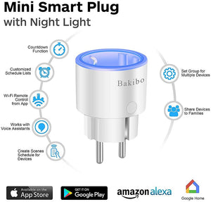 bakibo Presa Intelligente Wifi Compatibile con Alexa Echo, Google Home, Mini Smart Plug con Luce Notturna, App Controllo Remoto, Temporizzazione, Programma, Monitor Energetico - 2 Pcs